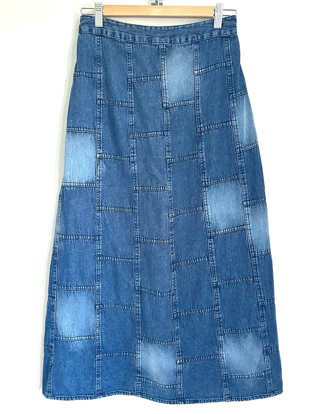Studio West Blue Denim  Patchwork Maxi Skirt, 100% cotton, Size Small